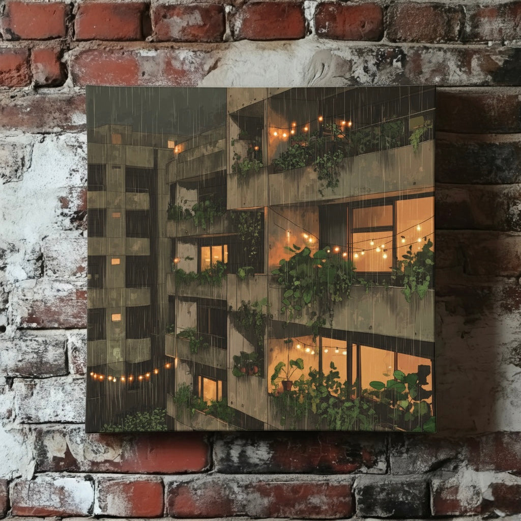 A cozy canvas of a nighttime rainy brutalist apartment with fairy lights and green plants growing, mounted on a red brick wall
