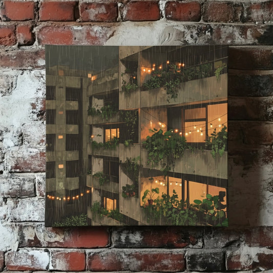 A cozy canvas of a nighttime rainy brutalist apartment with fairy lights and green plants growing, mounted on a red brick wall