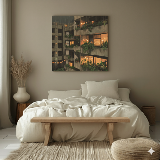 A cozy canvas of a nighttime rainy brutalist apartment with fairy lights and green plants growing, in a cosy neutral bedroom