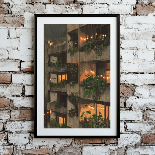 A cozy print of a nighttime rainy brutalist apartment with fairy lights and green plants growing, framed on a brick wall. 