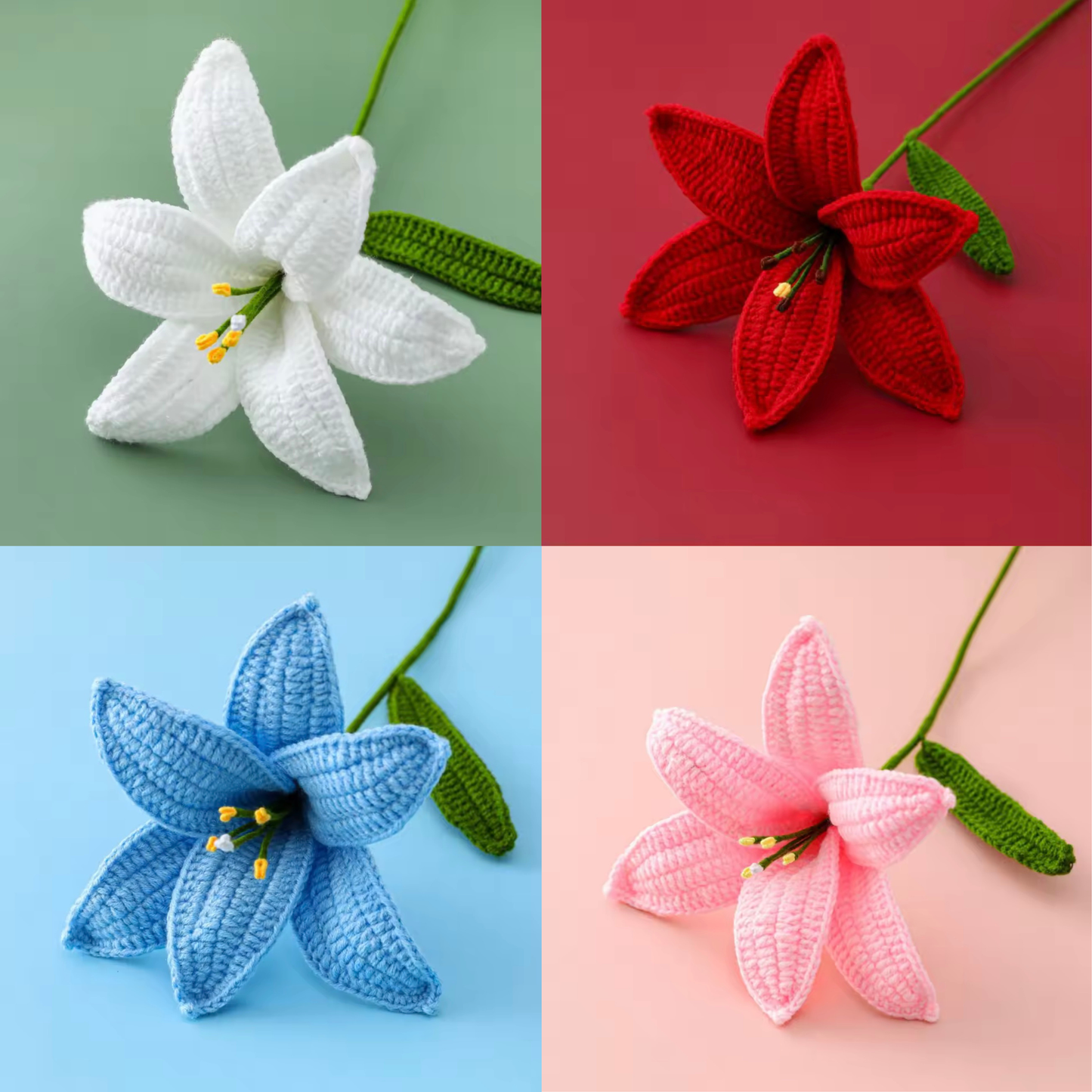 A grid of four close ups of the Plantish Crocheted Lily in all four colours, showing off the detailed petals and green stems. 