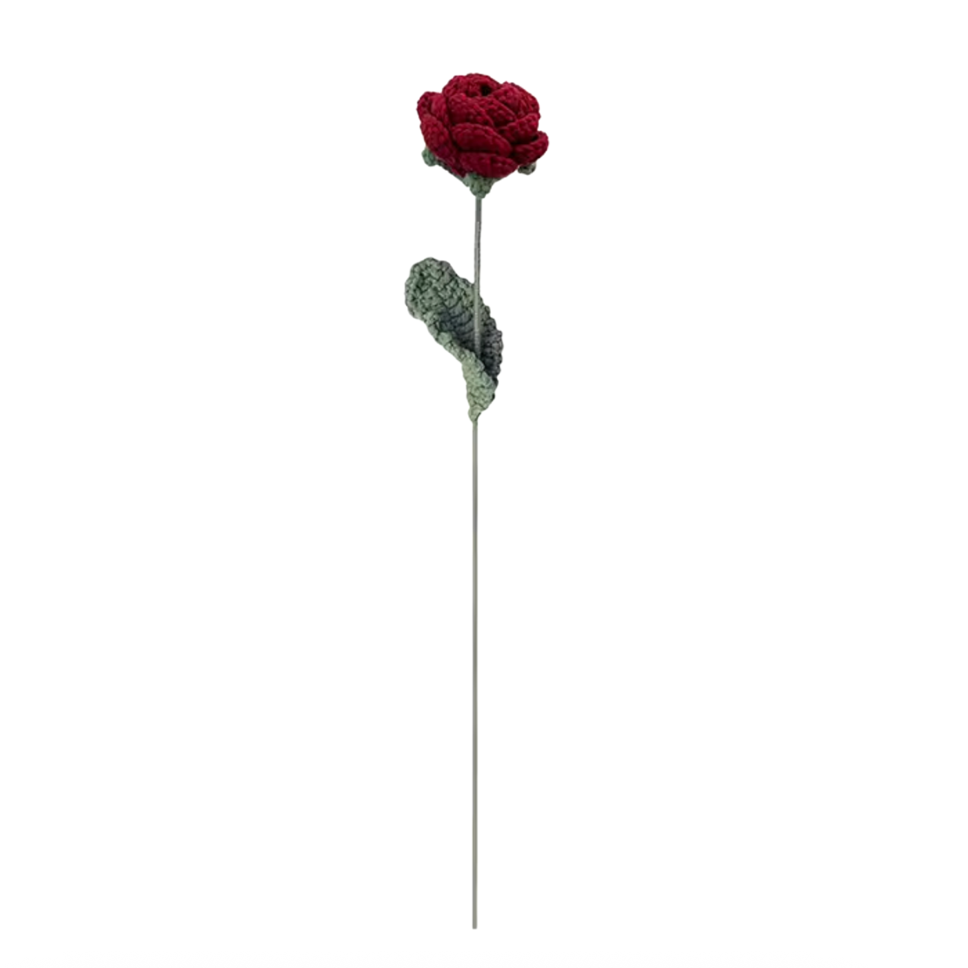 A single Plantish Crocheted Red Rose shown against a plain white background. The image shows the length of the green stem as well as the red petals at the top.