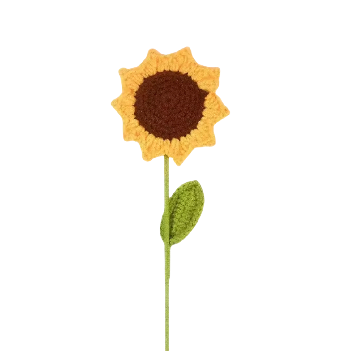 A single Plantish Crocheted Sunflower shown against a white background. The flower head is seen head on, as well as a portion of the green stem and a leaf.