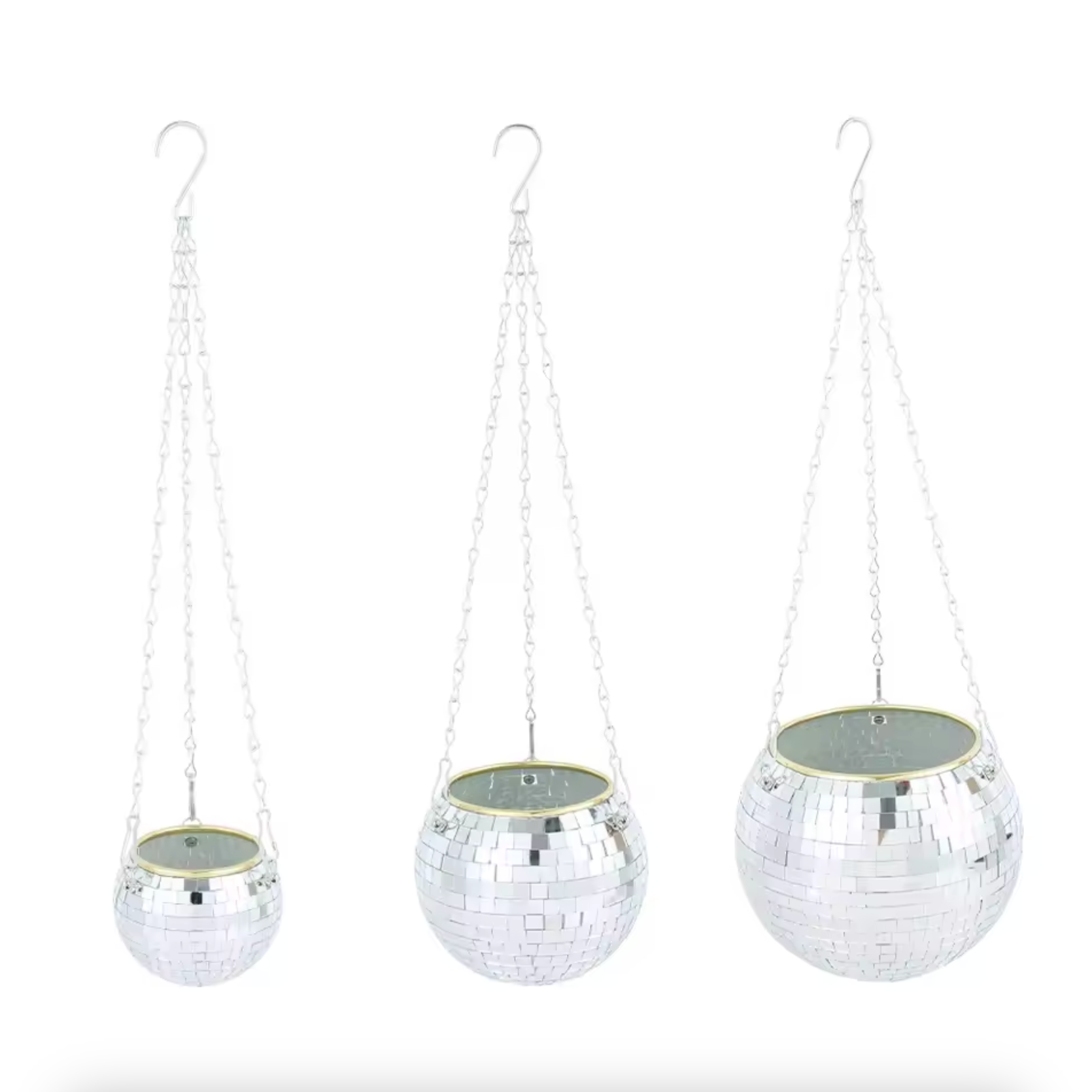 An image showing the three sizes of the Plantish disco ball hanging plant pot in ascending order from left to right. the pots are empty and on a white background. 