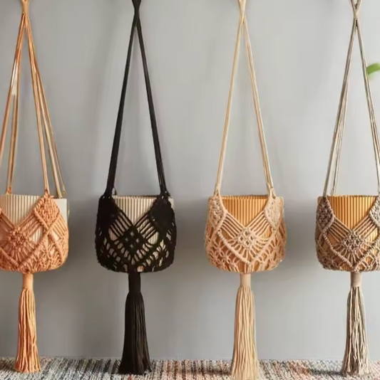 The Plantish Decorative Bohemian Macrame shown in all four colours: Brown, Black, White, and Grey, against a grey background. 
