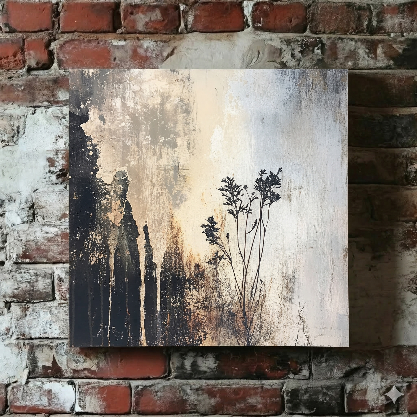A dark and distressed Plantish canvas of the silhouette of a flower on a neutral toned background, hanging on an exposed brick wall.