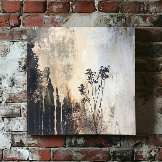 A dark and distressed Plantish canvas of the silhouette of a flower on a neutral toned background, hanging on an exposed brick wall.