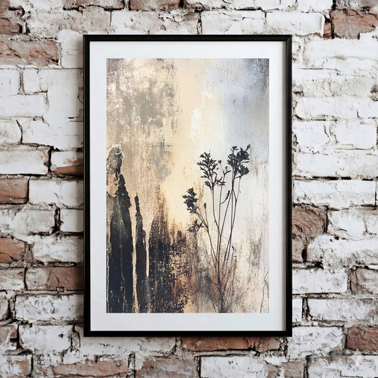 A dark and distressed Plantish print of the silhouette of a flower on a neutral toned background, hanging on an exposed brick wall.