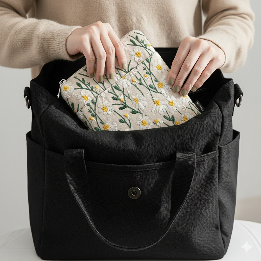 An image of the Plantish Embroidered Floral E-Reader Case being removed from a black fabric bag by a woman with green painted nails that is wearing a light jumper.