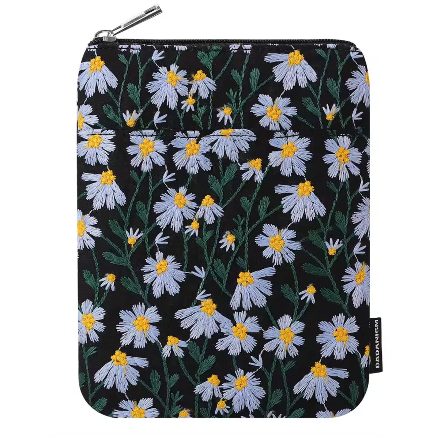 The Plantish Embroidered Little Daisy E-reader Case shown in Blue Black, highlighting the floral design against a white background.
