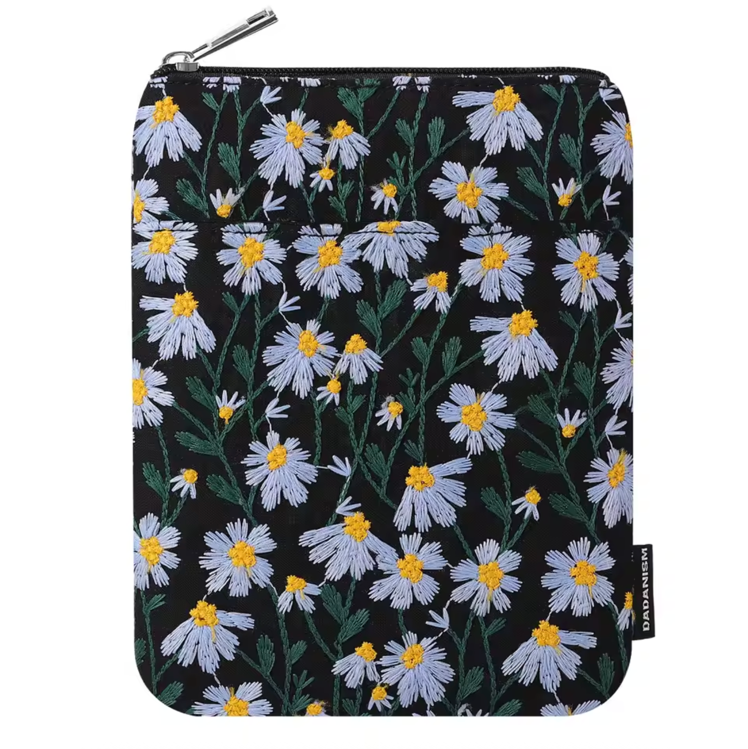 The Plantish Embroidered Little Daisy E-reader Case shown in Blue Black, highlighting the floral design against a white background.
