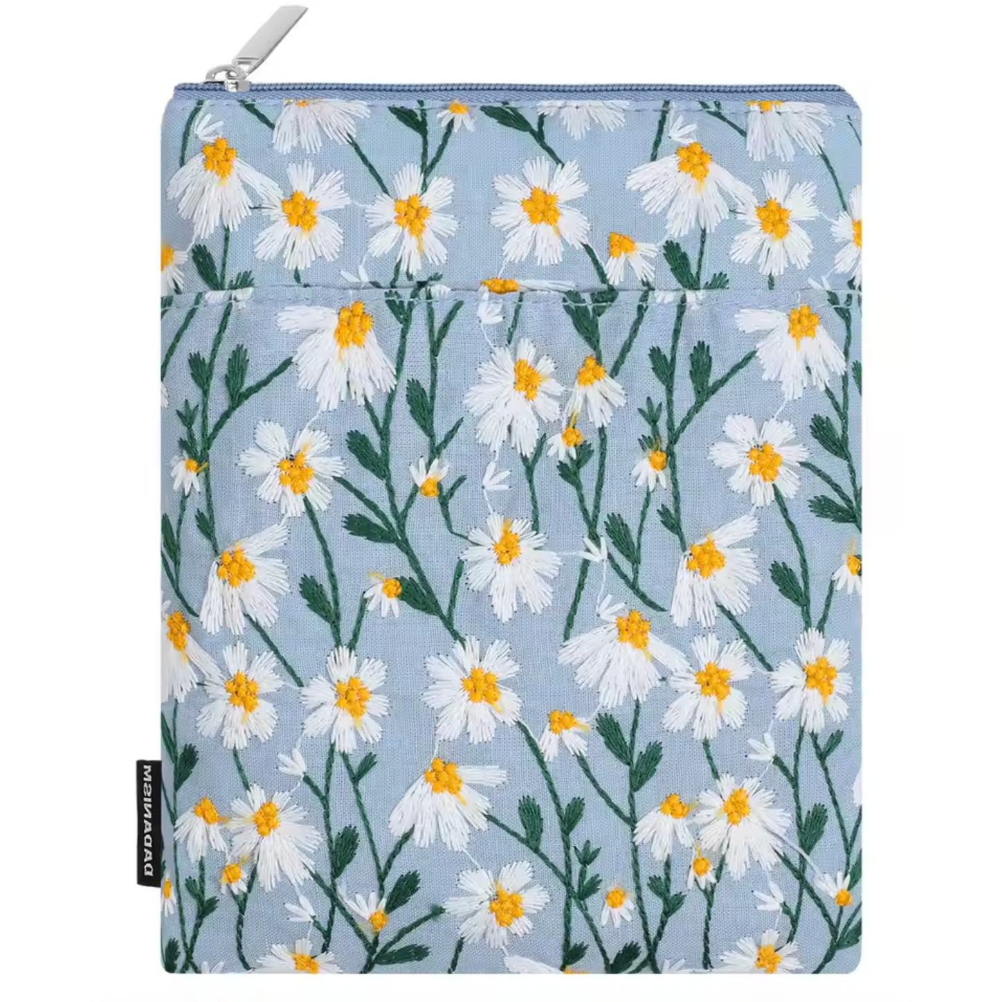 The Plantish Embroidered Little Daisy E-reader Case in White Blue, showing the floral design and on a white background.