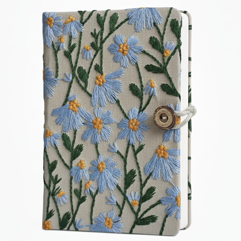 The Plantish Embroidered Little Daisy Notebook shown in Blue Grey and against a white background. The string fastener is shown on one side. 
