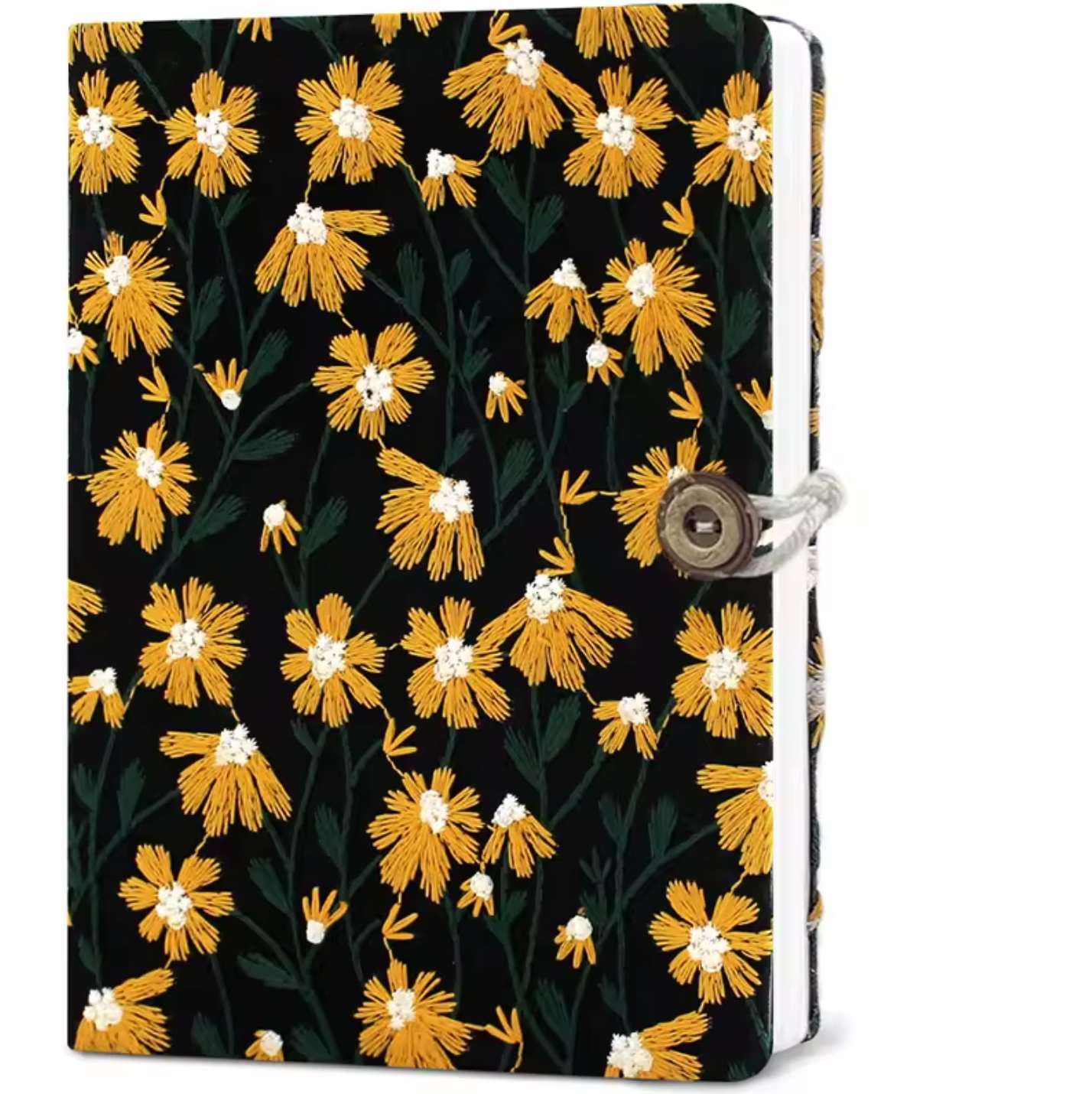 The Plantish Embroidered Little Daisy Notebook shown in Yellow Black and against a white background. The string fastener is shown on one side. 