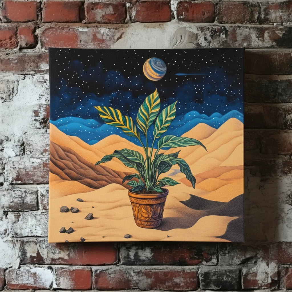 A surreal canvas of a green and yellow striped plant on gold sand with stars and planets, mounted on a red brick wall