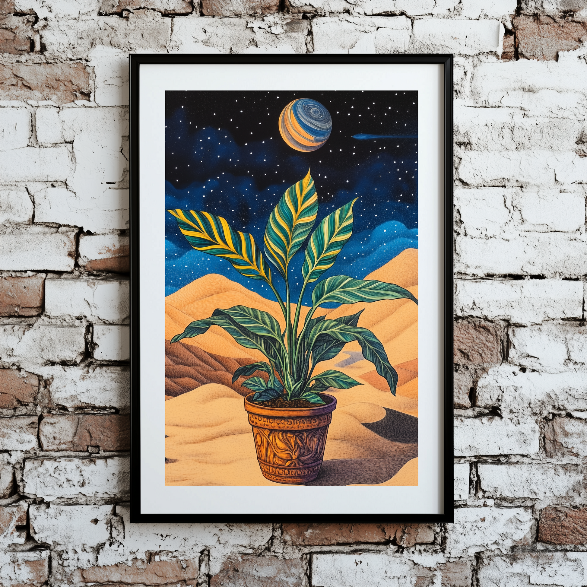 A surreal print of a green and yellow striped plant on gold sand with stars, planets and a blue sky, framed on a brick wall.
