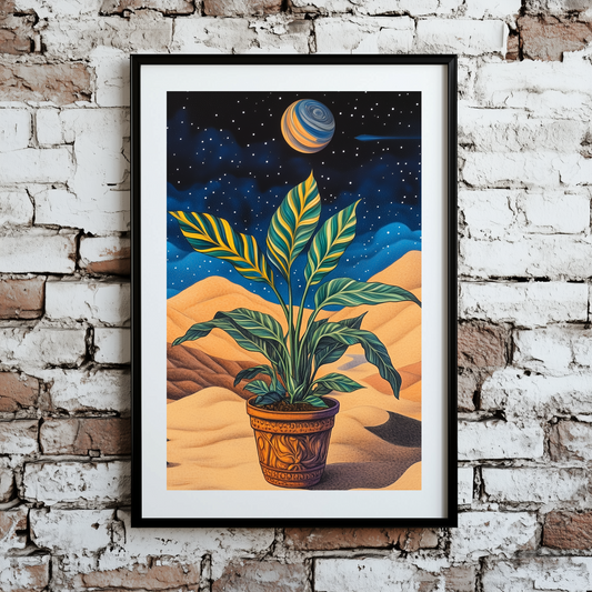 A surreal print of a green and yellow striped plant on gold sand with stars, planets and a blue sky, framed on a brick wall.