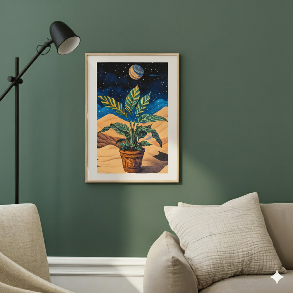 A surreal print of a green and yellow striped plant on gold sand with stars and planets, in a contemporary sunlit living room