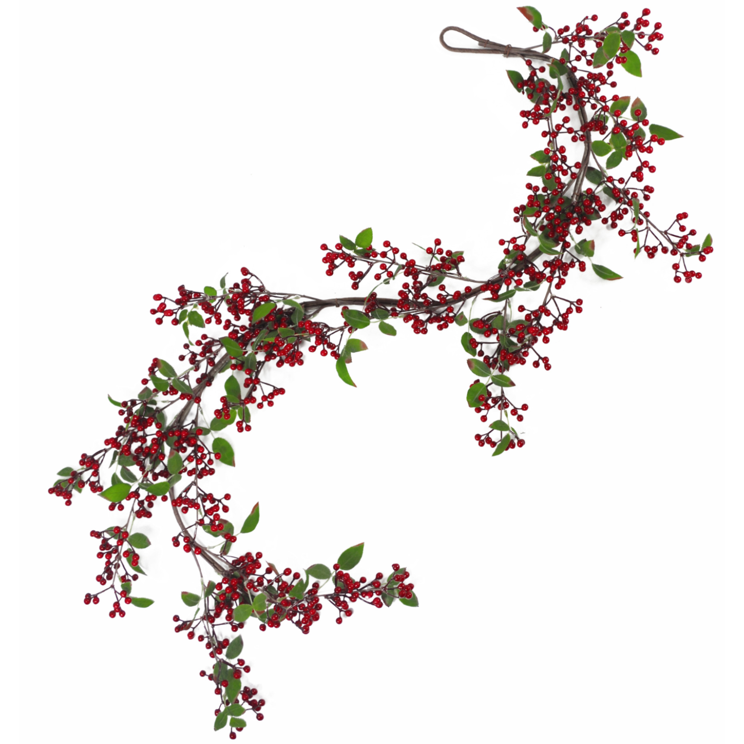 The Plantish Festive Red Berry Garland shown against a white background, showing the dark red berries, green leaves, and shapeable wrapped wire.