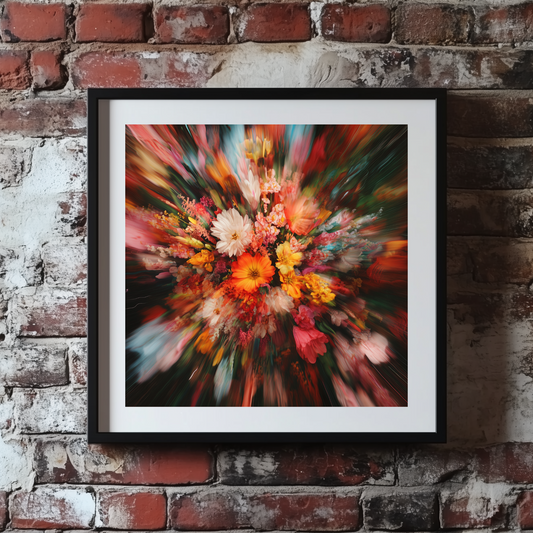 A colourful print of a bouquet of orange pink and white flowers with blurred, distorted edges, framed and mounted on a brick wall.