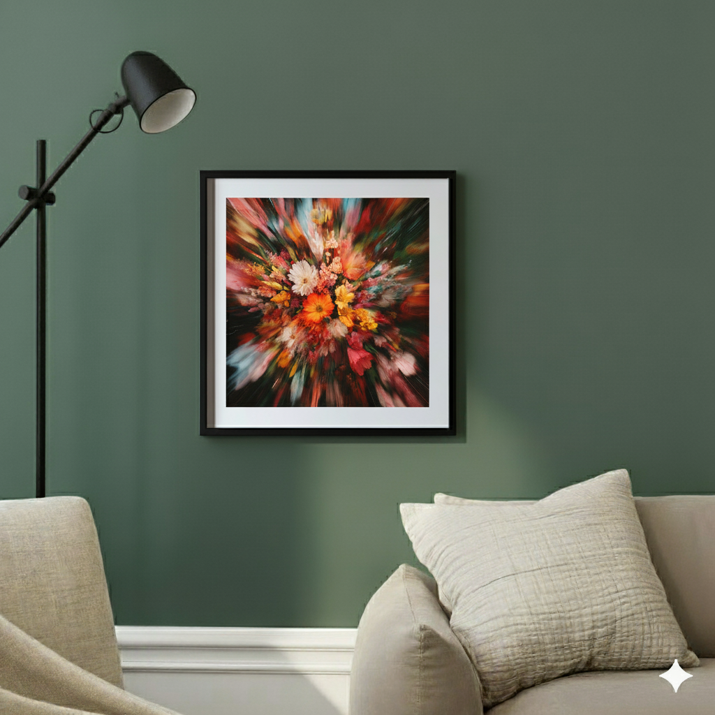 A bright and colourful print of a bouquet of flowers with blurred, distorted edges, in a contemporary sunlit living room