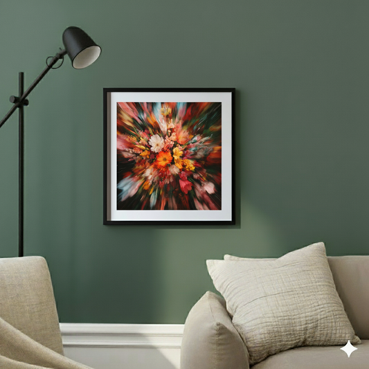 A bright and colourful print of a bouquet of flowers with blurred, distorted edges, in a contemporary sunlit living room