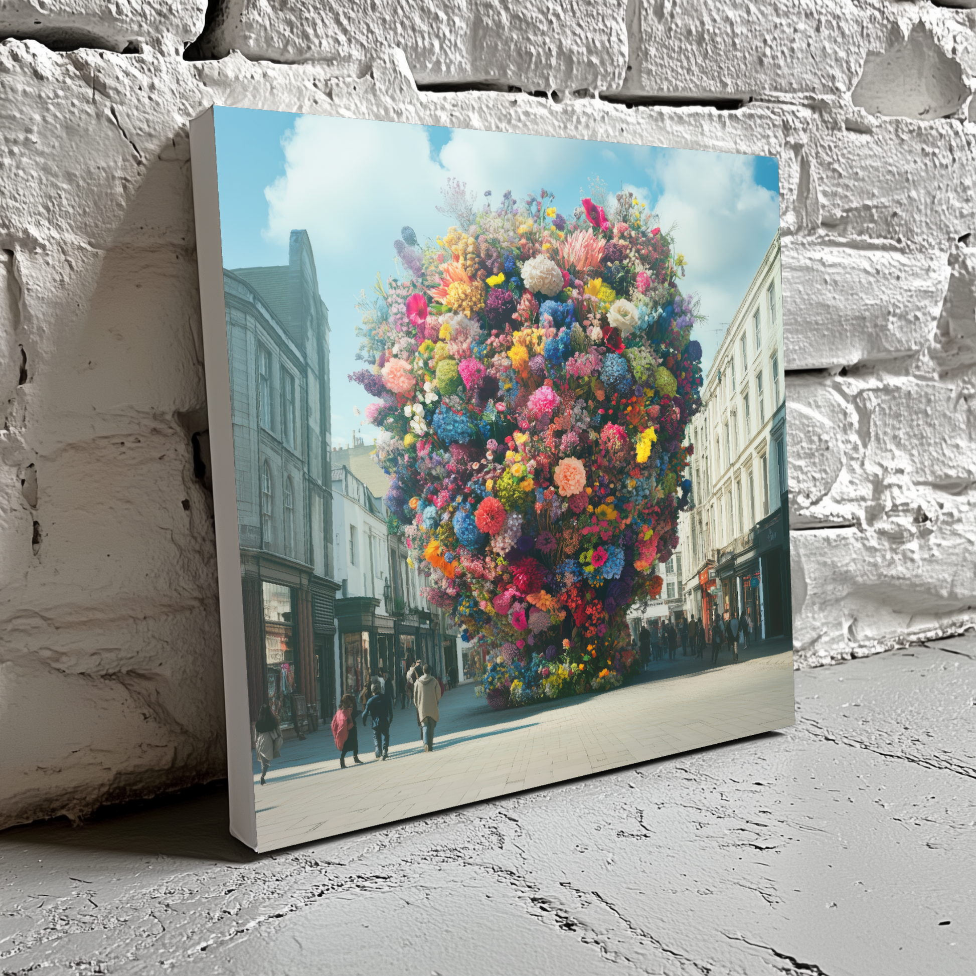 A bright and vibrant surreal canvas of a large multicolour flower arrangement in a city centre, resting on a white brick wall. 