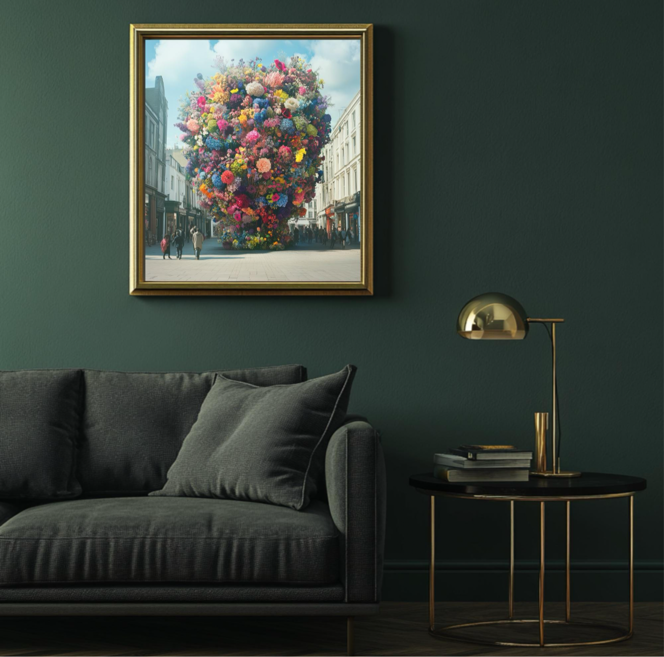 A framed mockup of the Plantish Floral Spectacle artwork, in a dark moody room with a green wall and sofa, and a black and gold table with a gold lamp on.