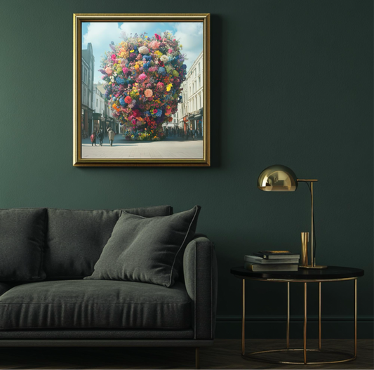A framed mockup of the Plantish Floral Spectacle artwork, in a dark moody room with a green wall and sofa, and a black and gold table with a gold lamp on.