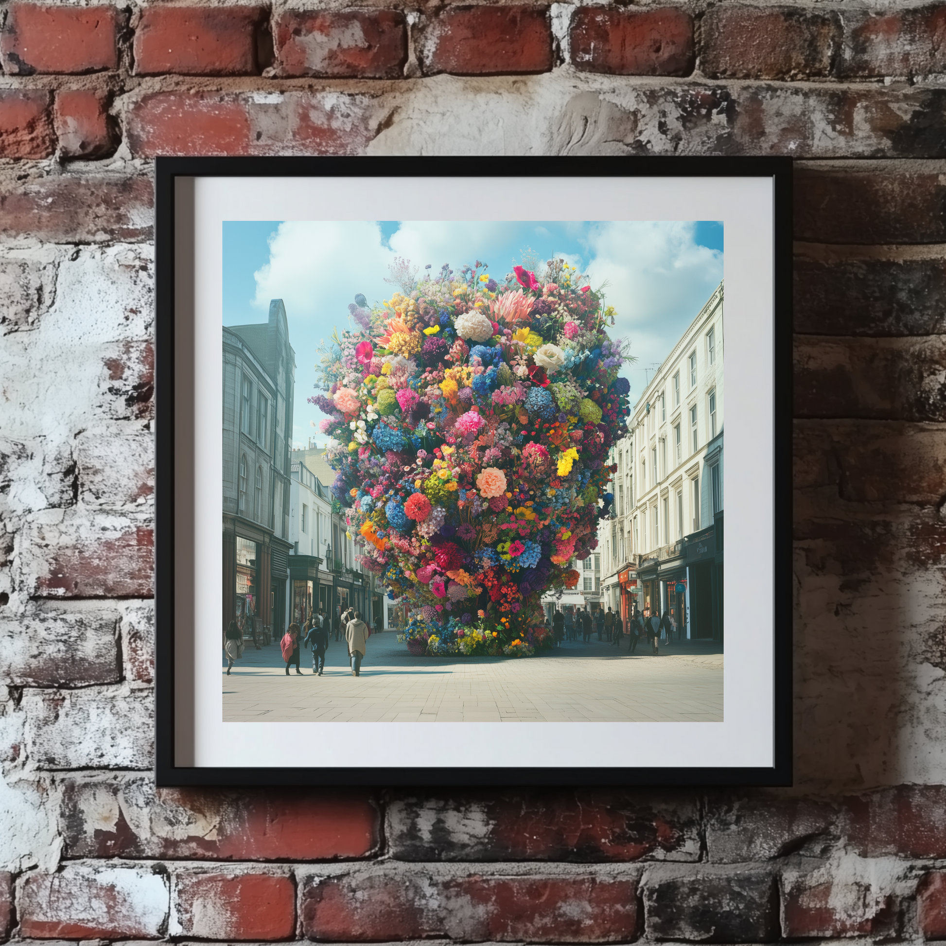 A bright and vibrant surreal print of a large multicolour flower arrangement in a city centre, framed on a brick wall. 