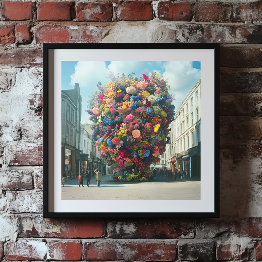 A bright and vibrant surreal print of a large multicolour flower arrangement in a city centre, framed on a brick wall. 