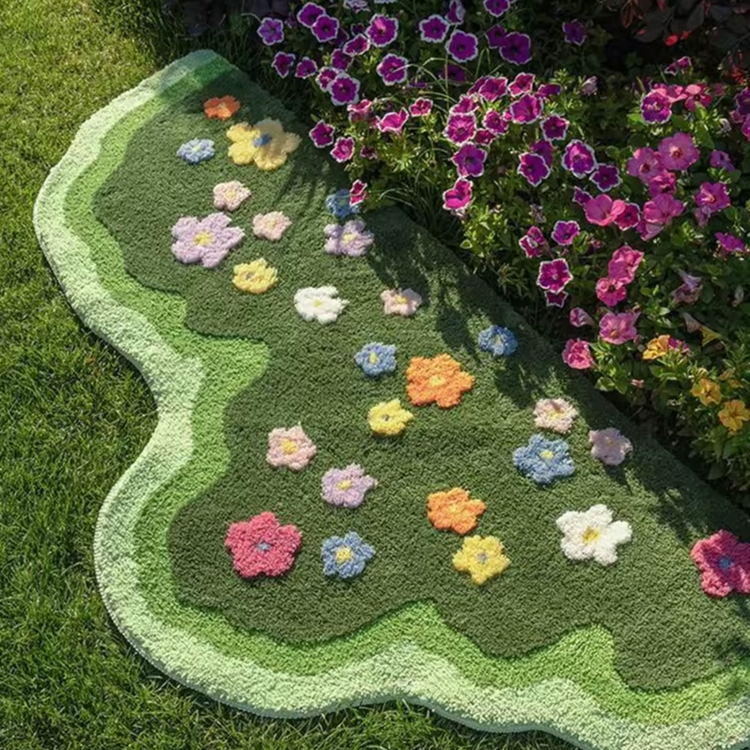 A close up of the Plantish Floral Tufted Rug which positioned on green grass and next to a bed of purple and white flowers. Sun is shining across the whole image.  