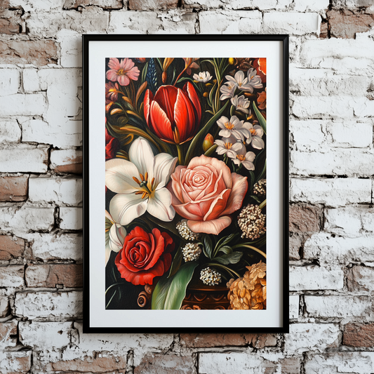 An intimate oil print of a classical flower arrangement with pink rose, red tulip and more, in a decorative gold vase, framed on a brick wall.