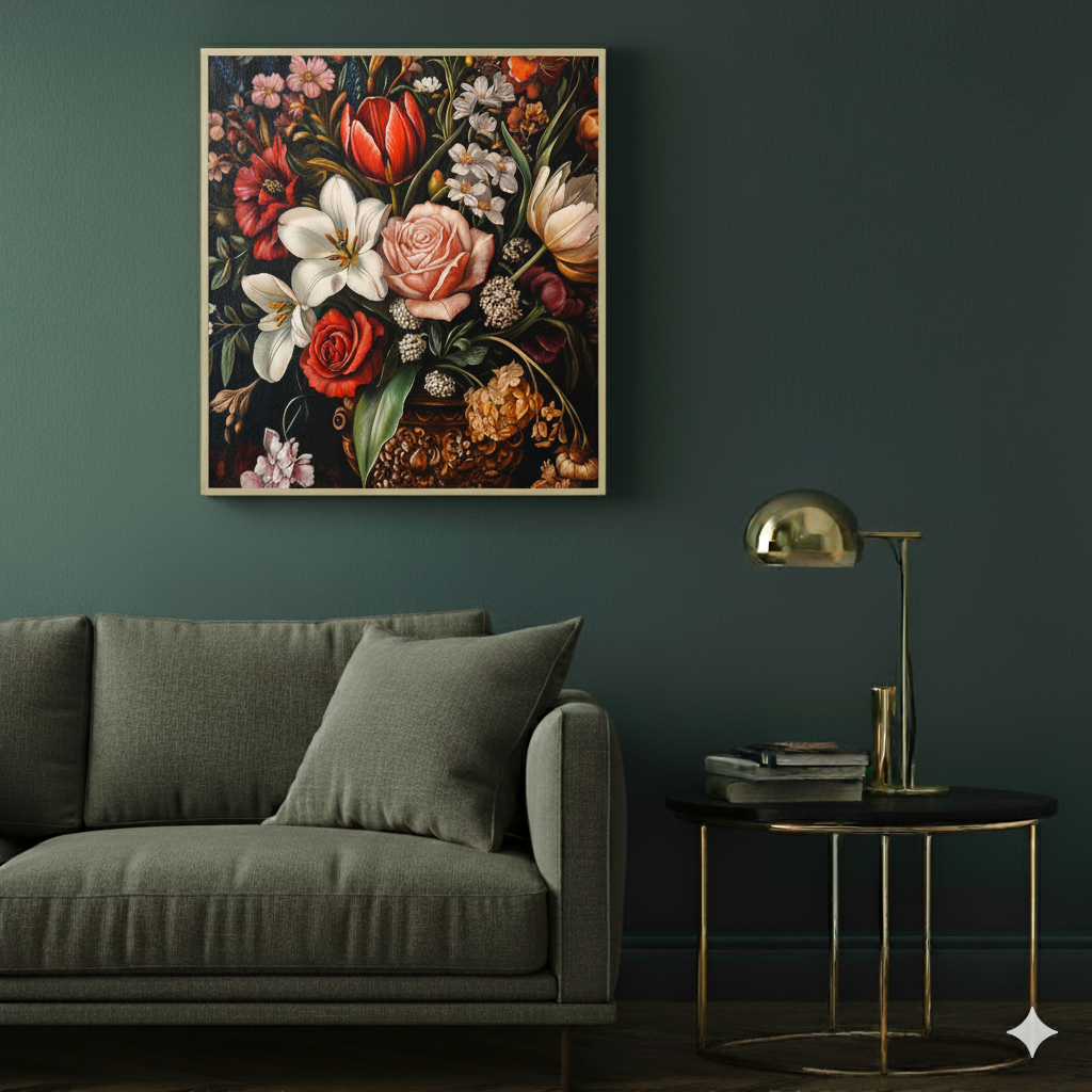 An intimate oil print of a classical flower arrangement with pink rose, red tulip and more, in a decorative gold vase, in a moody modern living room