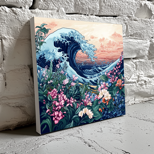 A bright vivid canvas of pink orange and white flowers and green leaves in front of a Hokusai style blue sea wave, resting on a brick wall. 