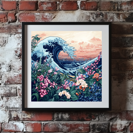 A bright vivid print of pink orange and white flowers and green leaves in front of a Hokusai style blue sea wave, framed on a brick wall. 