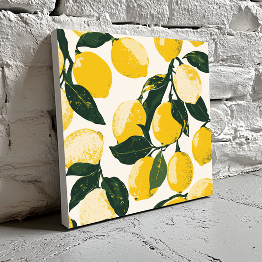 A bright and vibrant screen print canvas of stencil yellow lemons with green leaves on a white background, resting on a brick wall. 