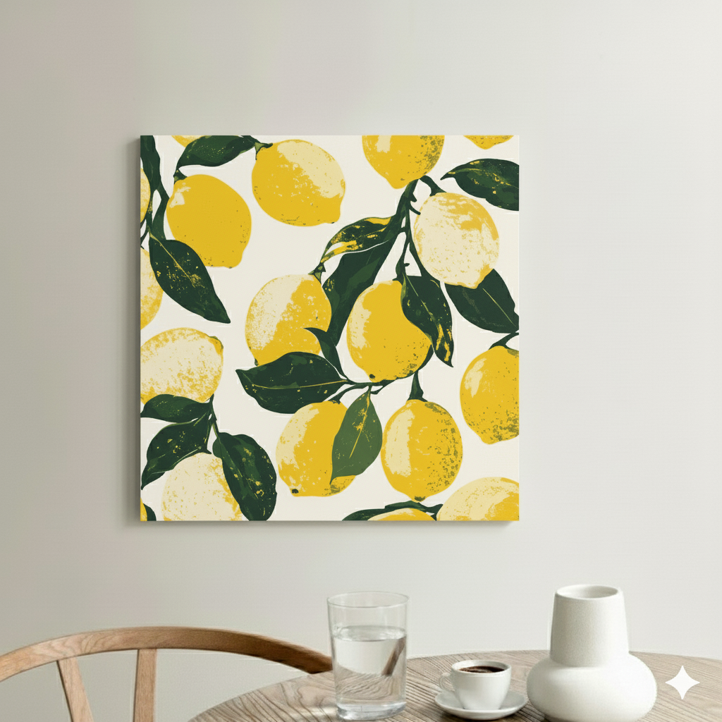 A bright and vibrant screen print canvas of stencil yellow lemons with green leaves on a white background, in a bright and neutral kitchen