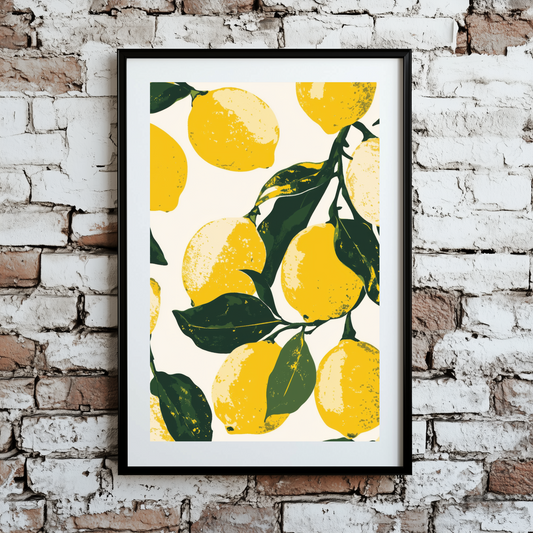 A bright and vibrant screen print of stencil yellow lemons with green leaves on a white background, framed on a brick wall. 