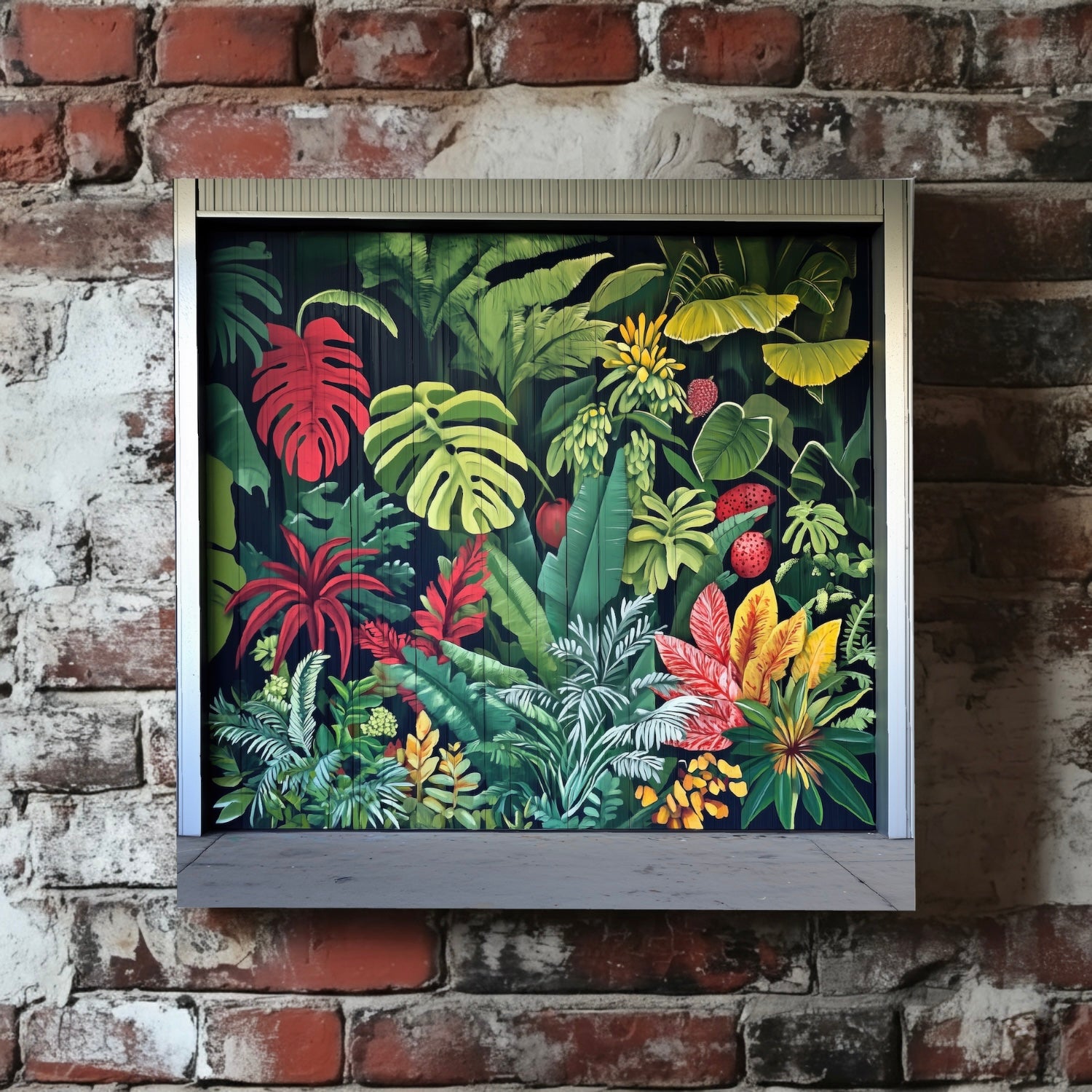 A bright canvas of an urban garage graffitied with bright green yellow and red tropical plants, mounted on a red brick wall