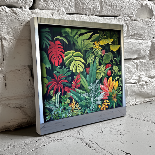 A bright canvas of an urban garage graffitied with bright green yellow and red tropical plants, resting on a brick wall. 