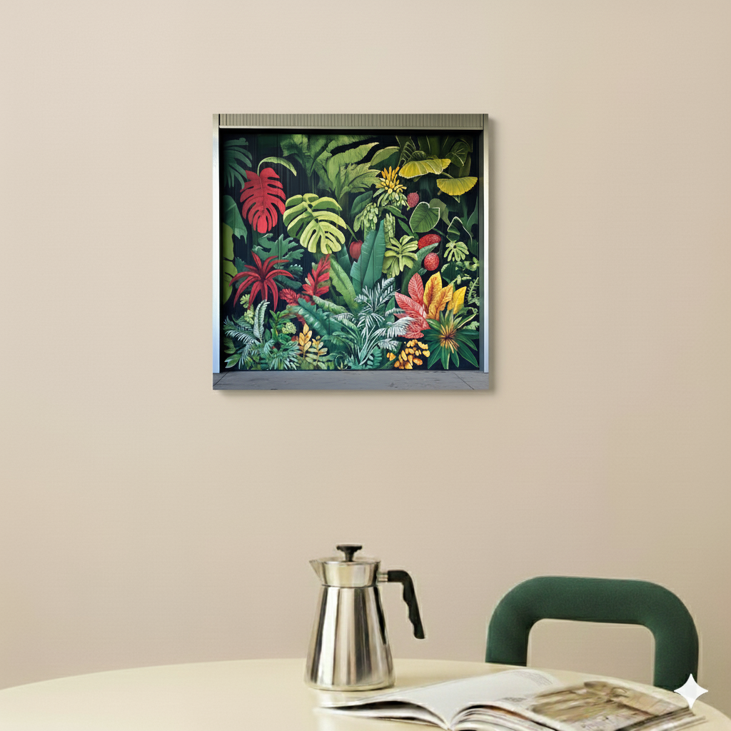 A bright canvas of an urban garage graffitied with bright green yellow and red tropical plants, in a modern bright kitchen