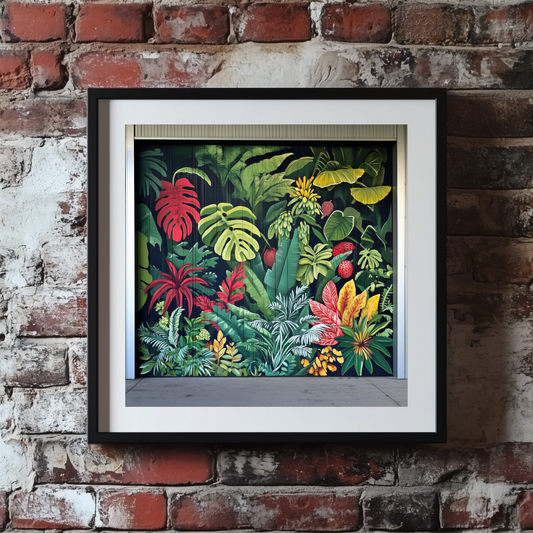 A bright print of an urban garage graffitied with bright green yellow and red tropical plants, hanging on a brick wall. 