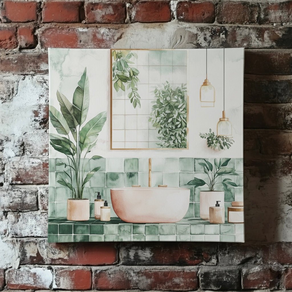 A modern canvas of a green and white tiled bathroom and lush plants in pink pots, mounted on a red brick wall