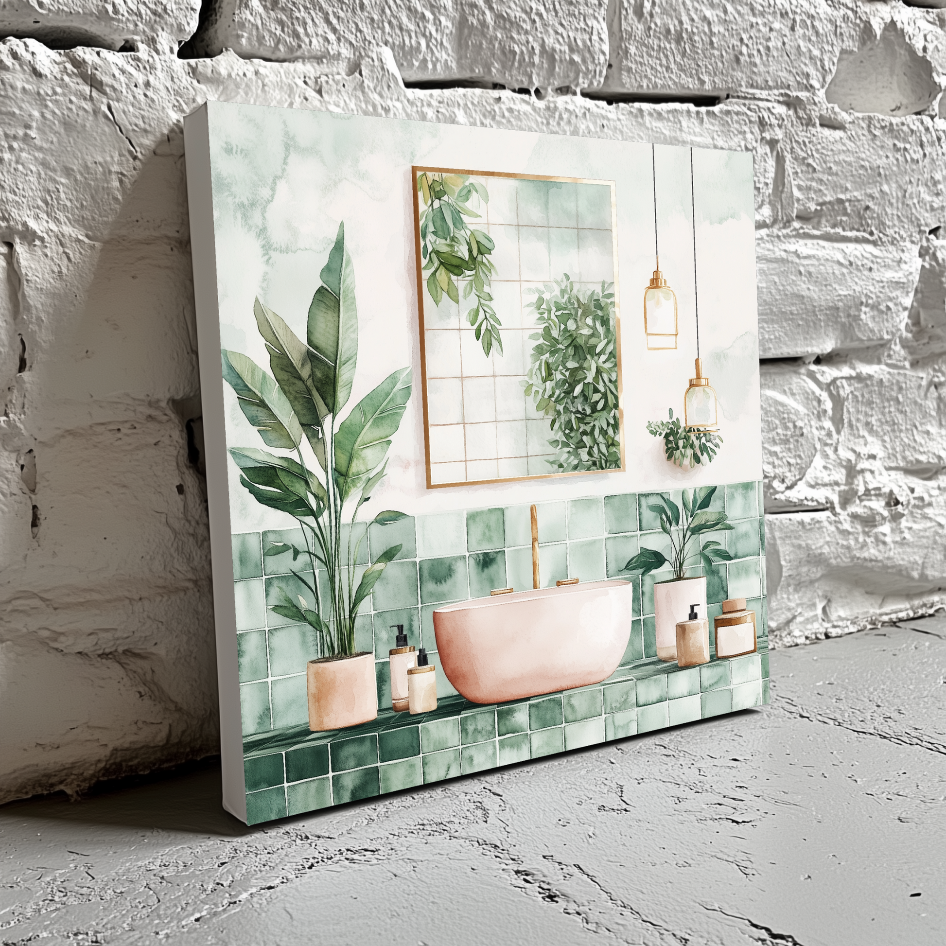 A modern canvas of a green and white tiled bathroom and lush plants in pink pots, resting on a brick wall. 