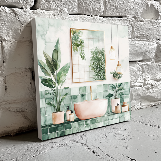 A modern canvas of a green and white tiled bathroom and lush plants in pink pots, resting on a brick wall. 