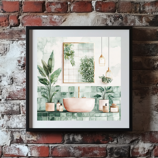A modern stylish print of a green and white tiled bathroom and lush plants in pink pots, framed on a brick wall. 