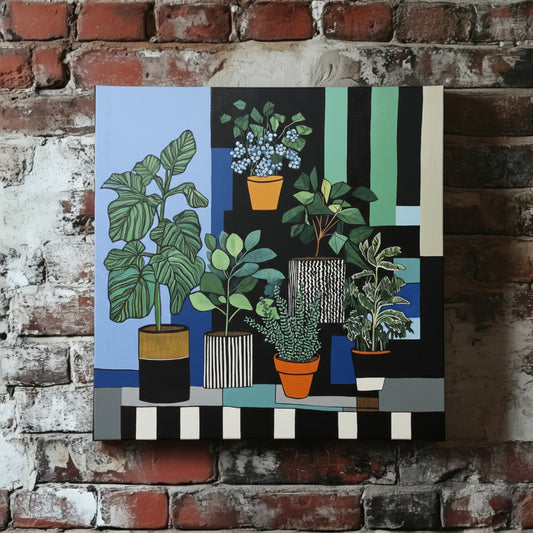 A surreal bauhaus canvas of a green and blue pot plant collection, with vibrant black and white lines and shapes, mounted on a red brick wall