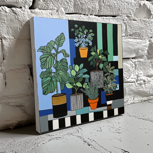 A surreal bauhaus canvas of a green and blue pot plant collection, with vibrant black and white lines and shapes, resting on a brick wall.  
