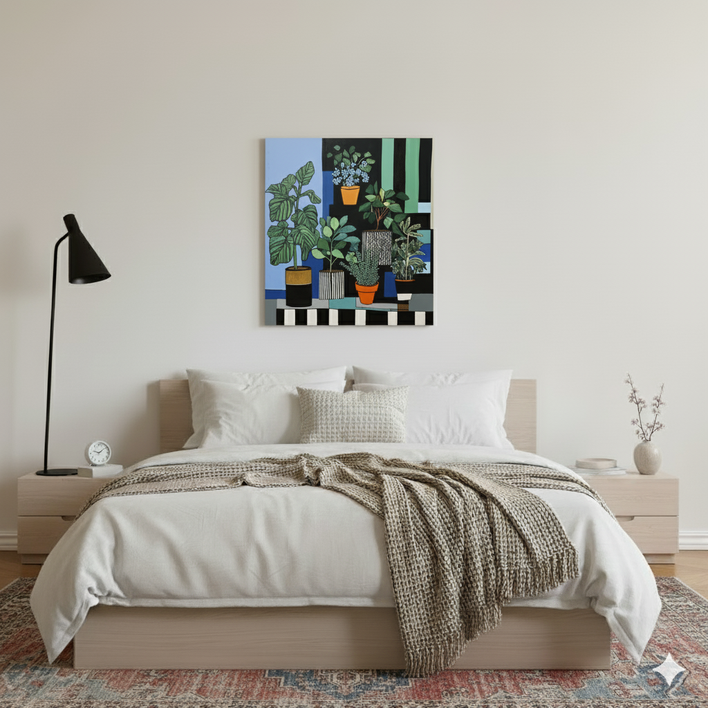 A surreal bauhaus canvas of a green and blue pot plant collection, with vibrant black and white lines and shapes, in a bright bedroom with distressed rug